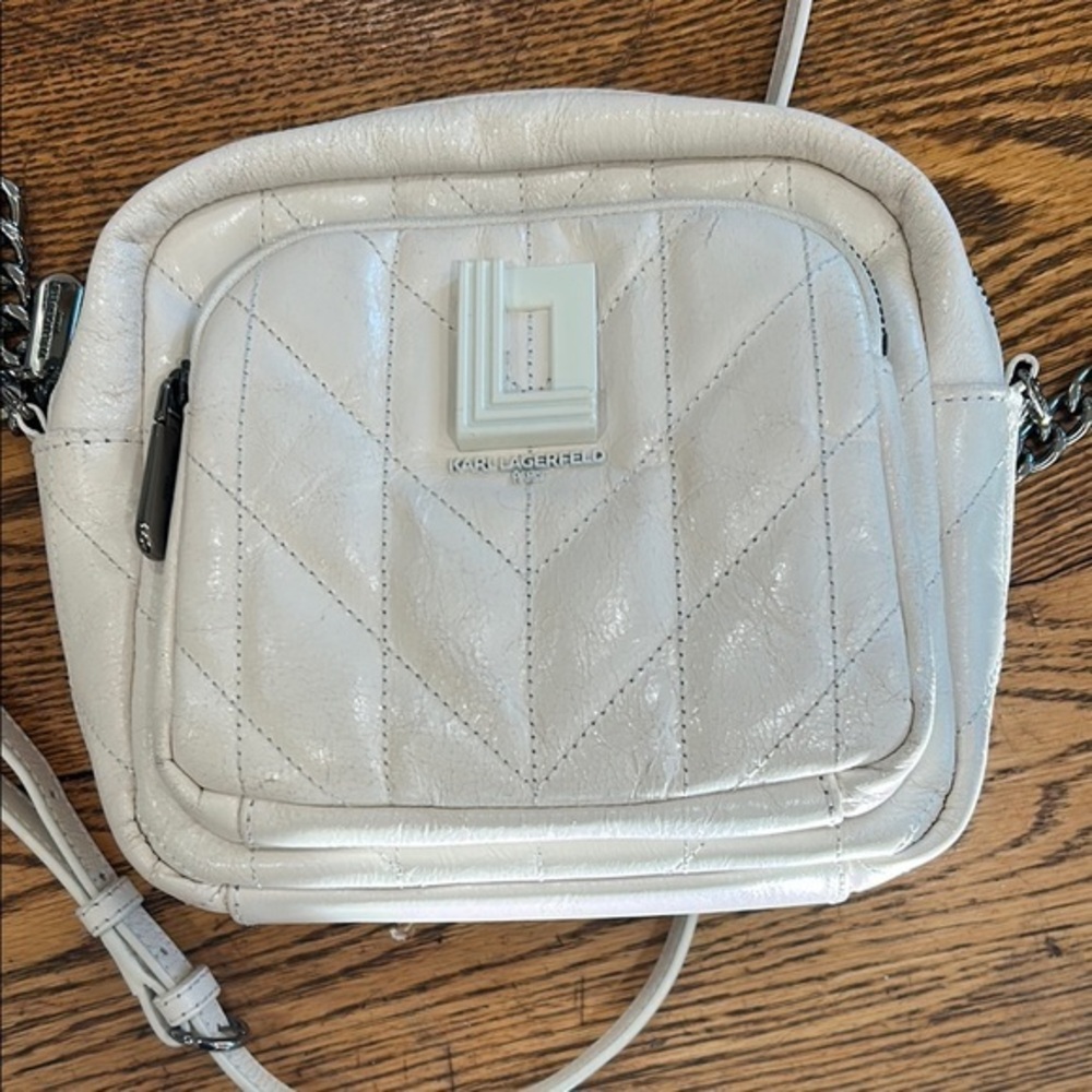 Karl Lagerfeld Glazed Leather Lafaette Quilted White Crossbody Bag
